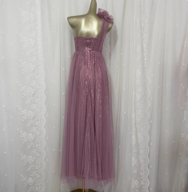 Sweet Blush Purple A-Line One-Shoulder 3D Floral Sequin Tulle Long Prom Dress Evening Dress