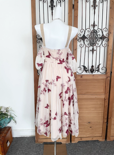 Sweet Butterfly Printed Strap Puff Sleeve Midi-Length Tulle Prom Dress Evening Dress Secondary image