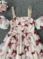 Sweet Butterfly Printed Strap Puff Sleeve Midi-Length Tulle Prom Dress Evening Dress