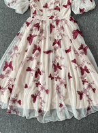 Sweet Butterfly Printed Strap Puff Sleeve Midi-Length Tulle Prom Dress Evening Dress