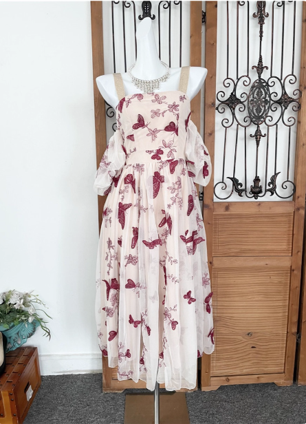 Sweet Butterfly Printed Strap Puff Sleeve Midi-Length Tulle Prom Dress Evening Dress