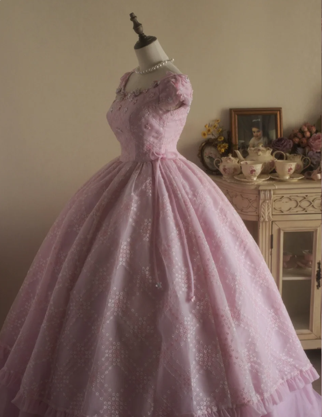 Sweet Court Light Pink Embroidered Floral Tulle Ball Gown Evening Dress Sweet 16 Dress