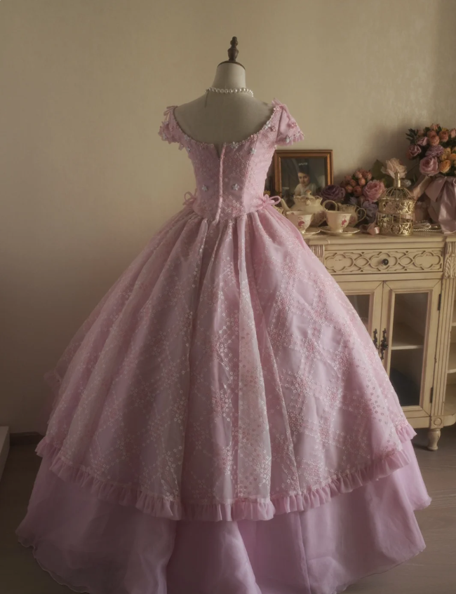 Sweet Court Light Pink Embroidered Floral Tulle Ball Gown Evening Dress Sweet 16 Dress