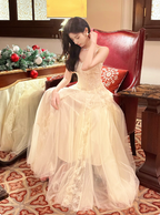 Sweet Cream Apricot A-Line Spaghetti Strap Lace Tulle Long Prom Dress Evening Dress