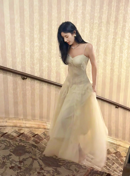 Sweet Cream Apricot A-Line Spaghetti Strap Lace Tulle Long Prom Dress Evening Dress