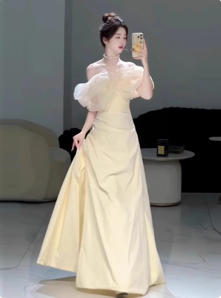 Sweet Cream Yellow A-Line Off-The-Shoulder Bow-Embellished High-Slit Satin Long Prom Dress Evening Dress
