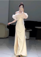 Sweet Cream Yellow A-Line Off-The-Shoulder Bow-Embellished High-Slit Satin Long Prom Dress Evening Dress