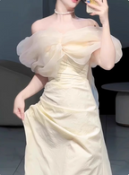 Sweet Cream Yellow A-Line Off-The-Shoulder Bow-Embellished High-Slit Satin Long Prom Dress Evening Dress