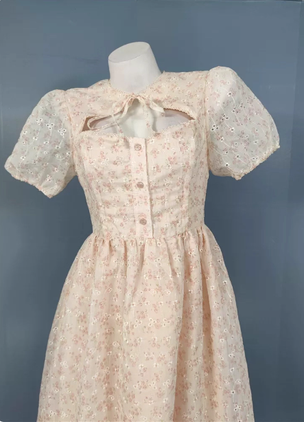 Sweet Light Apricot A-Line Floral Print Puff Sleeve Chiffon Prom Dress Secondary image