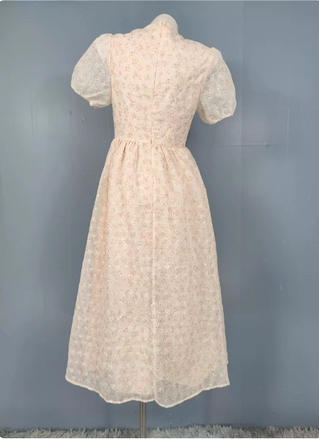Sweet Light Apricot A-Line Floral Print Puff Sleeve Chiffon Prom Dress