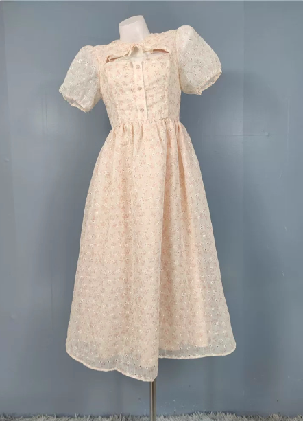 Sweet Light Apricot A-Line Floral Print Puff Sleeve Chiffon Prom Dress Main image