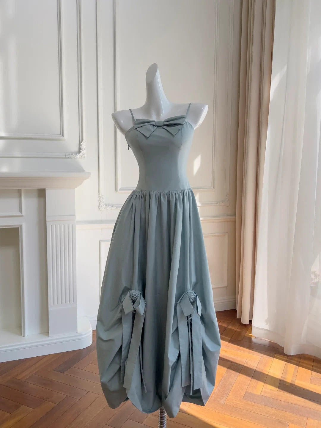 Sweet Light Blue Bud Strappy Bow Prom Dress
