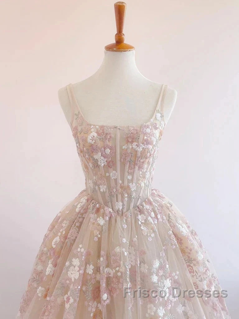 Sweet Light Champagne A-Line Tulle Sequin Applique Long Formal Prom Dress Formal Prom Dress Birthday Dress