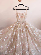 Sweet Light Champagne A-Line Tulle Sequin Applique Long Formal Prom Dress Formal Prom Dress Birthday Dress