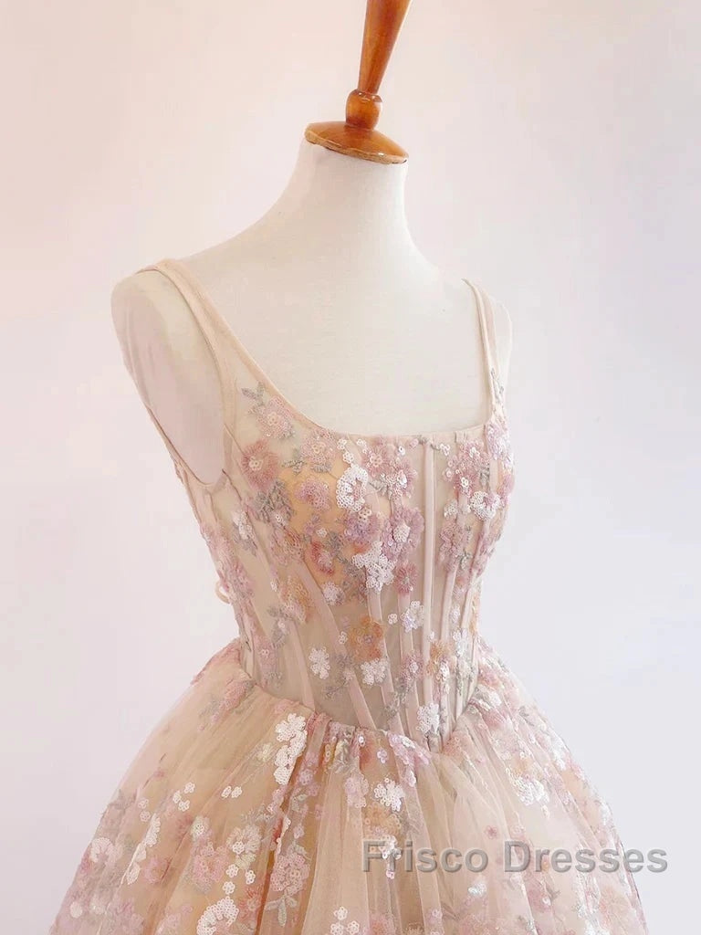 Sweet Light Champagne A-Line Tulle Sequin Applique Long Formal Prom Dress Formal Prom Dress Birthday Dress