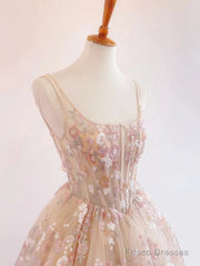 Sweet Light Champagne A-Line Tulle Sequin Applique Long Prom Dress Prom Dress Birthday Dress