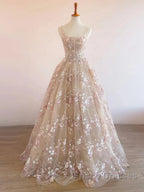 Sweet Light Champagne A-Line Tulle Sequin Applique Long Formal Prom Dress Formal Prom Dress Birthday Dress