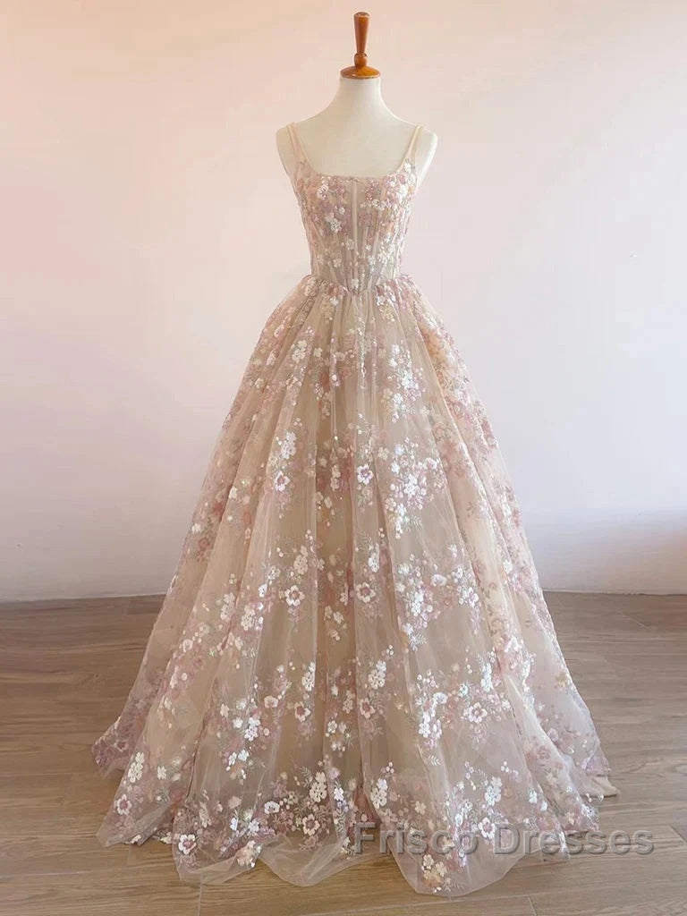 Sweet Light Champagne A-Line Tulle Sequin Applique Long Formal Prom Dress Formal Prom Dress Birthday Dress