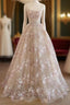 Sweet Light Champagne A-Line Tulle Sequin Applique Long Formal Prom Dress Formal Prom Dress Birthday Dress