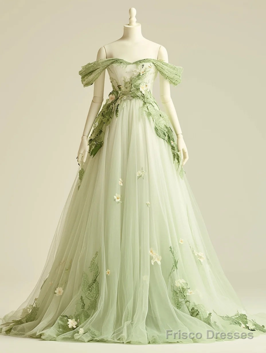 Sweet Light Green A-Line Off Shoulder Neck Tulle Long Prom Dress Birthday Prom Dress Main image