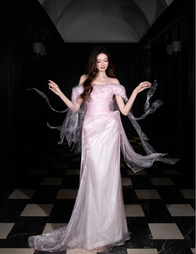 Sweet Light Pink Mermaid Off-Shoulder Organza Prom Dress Evening Dress Secondary image