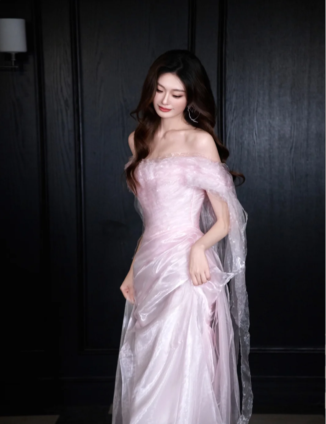 Sweet Light Pink Mermaid Off-Shoulder Organza Prom Dress Evening Dress