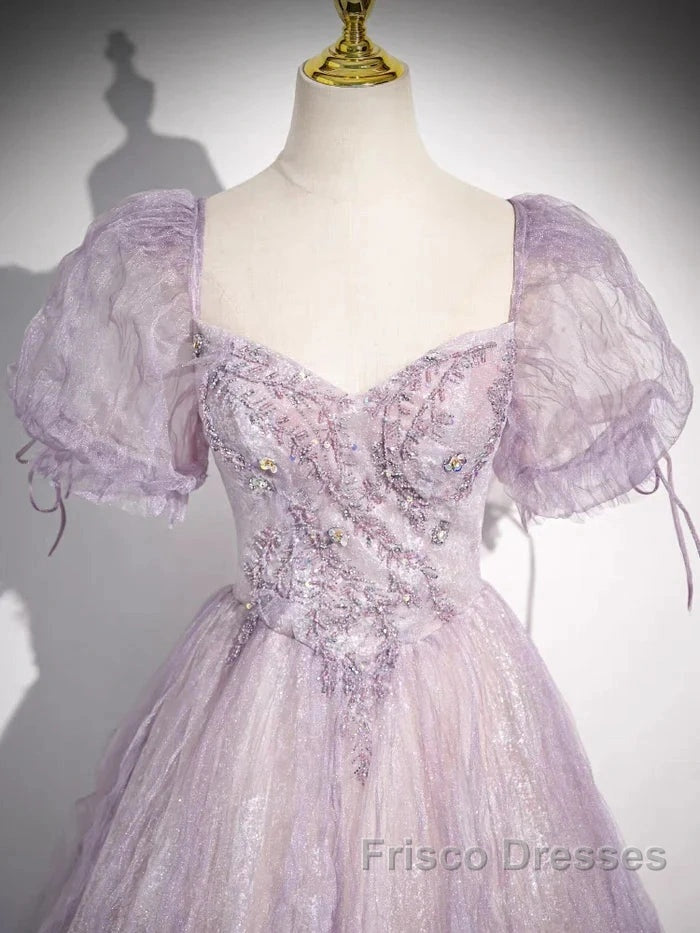 Sweet Lilac A-Line Sweetheart Tulle Beaded Long Formal Prom Dress Puffy Sleeves Graduation Dress Secondary image