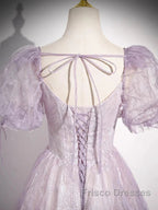 Sweet Lilac A-Line Sweetheart Tulle Beaded Long Formal Prom Dress Puffy Sleeves Graduation Dress