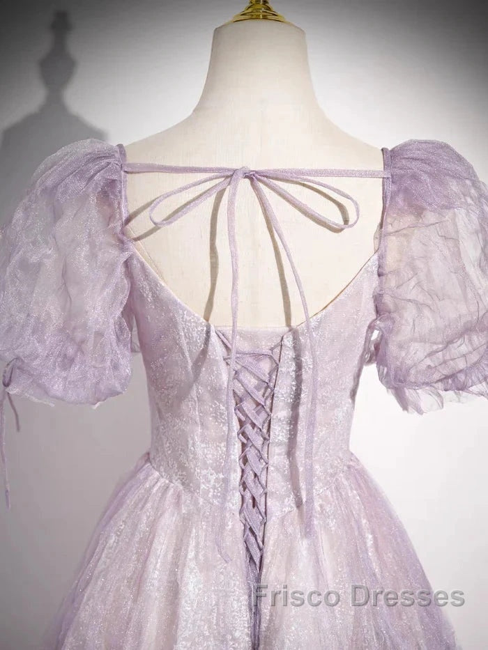 Sweet Lilac A-Line Sweetheart Tulle Beaded Long Formal Prom Dress Puffy Sleeves Graduation Dress