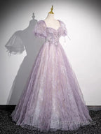 Sweet Lilac A-Line Sweetheart Tulle Beaded Long Formal Prom Dress Puffy Sleeves Graduation Dress