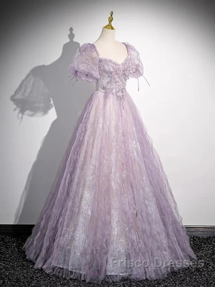 Sweet Lilac A-Line Sweetheart Tulle Beaded Long Formal Prom Dress Puffy Sleeves Graduation Dress