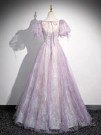 Sweet Lilac A-Line Sweetheart Tulle Beaded Long Formal Prom Dress Puffy Sleeves Graduation Dress