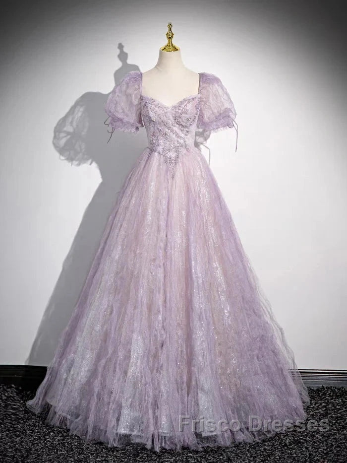 Sweet Lilac A-Line Sweetheart Tulle Beaded Long Formal Prom Dress Puffy Sleeves Graduation Dress