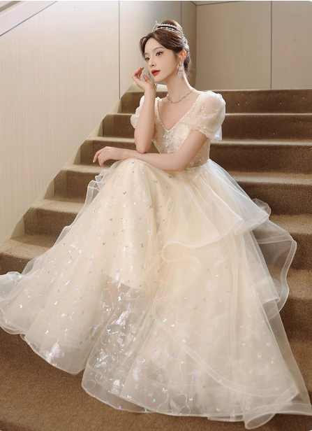 Sweet Milk Apricot A-Line Puff Short Sleeve Tulle Long Prom Dress Evening Dress