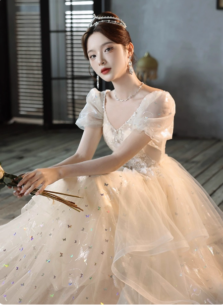 Sweet Milk Apricot A-Line Puff Short Sleeve Tulle Long Prom Dress Evening Dress