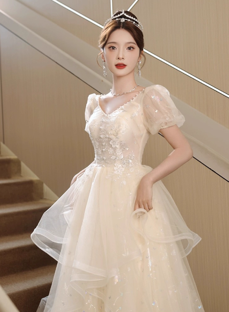 Sweet Milk Apricot A-Line Puff Short Sleeve Tulle Long Prom Dress Evening Dress Main image