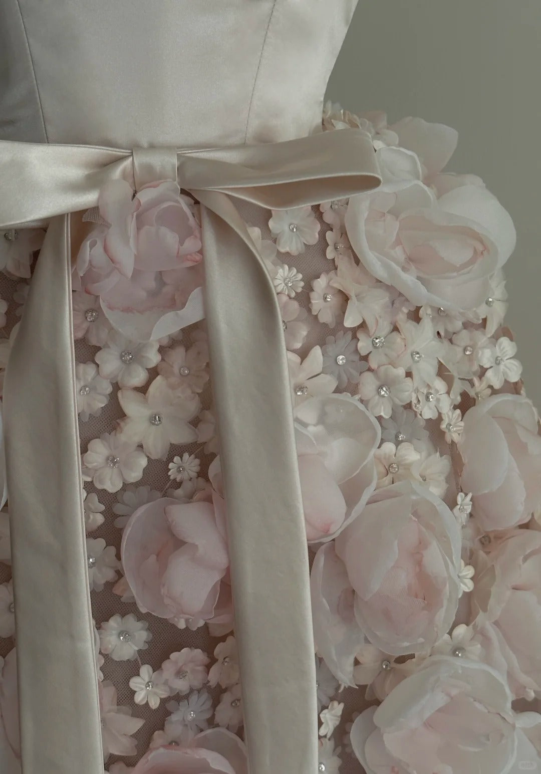 Sweet Pale Pink A-Line 3D Floral Satin And Tulle Long Prom Dress Evening Dress Wedding Dress