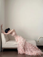 Sweet Pale Pink Mermaid Tail Three-Dimensional Petal Long Prom Dress Evening Dress Wedding Dress