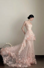 Sweet Pale Pink Mermaid Tail Three-Dimensional Petal Long Prom Dress Evening Dress Wedding Dress