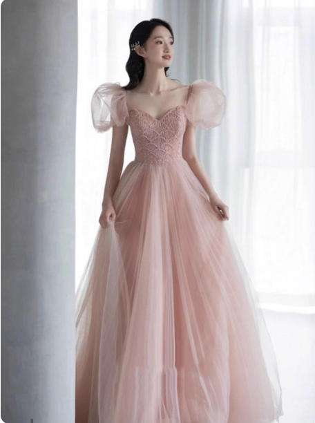 Sweet Pink A-Line Puff Sleeve Beaded Tulle Long Prom Dress Evening Dress Secondary image