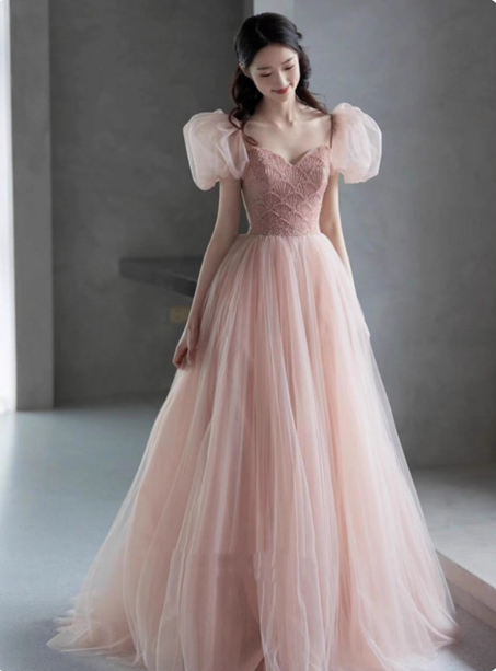 Sweet Pink A-Line Puff Sleeve Beaded Tulle Long Prom Dress Evening Dress Main image