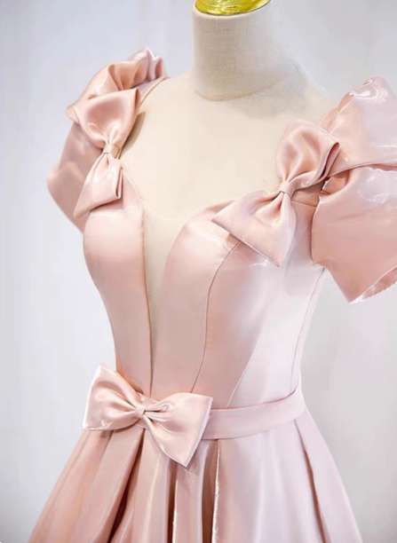Sweet Pink A-Line Puff Sleeve Bow Satin Long Prom Dress Evening Dress
