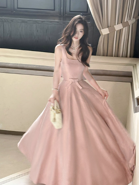 Sweet Pink A-Line Spaghetti Strap Square Neck Satin Long Prom Dress Evening Dress Bridesmaid Dress Secondary image