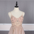 Sweet Pink A-Line Spaghetti Strap V-Neck Beaded Tulle Train Prom Dress Evening Dress