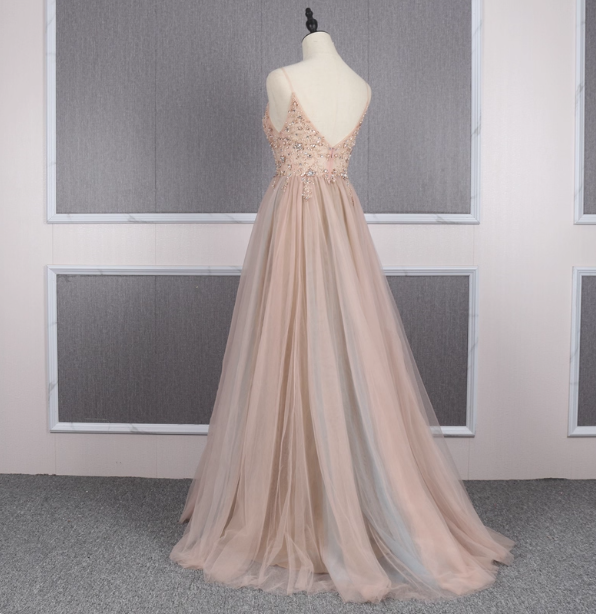 Sweet Pink A-Line Spaghetti Strap V-Neck Beaded Tulle Train Prom Dress Evening Dress