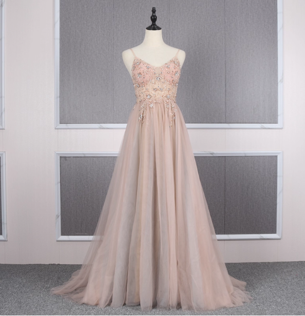 Sweet Pink A-Line Spaghetti Strap V-Neck Beaded Tulle Train Prom Dress Evening Dress Main image