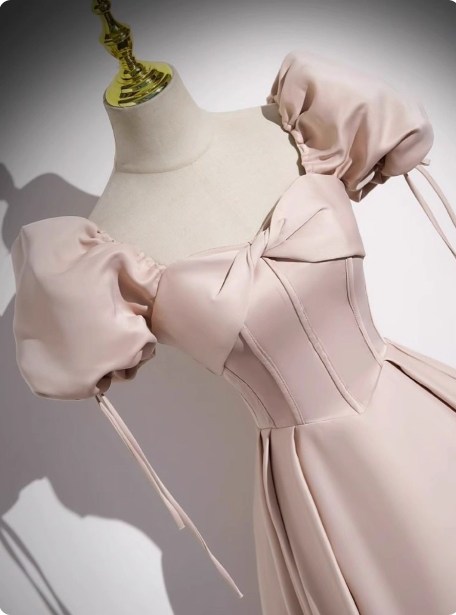Sweet Pink A-Line Square Neck Puff Sleeve Satin Long Prom Dress Evening Dress