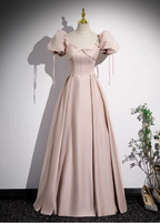 Sweet Pink A-Line Square Neck Puff Sleeve Satin Long Prom Dress Evening Dress