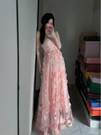 Sweet Pink A-Line Strapless 3D Floral Tulle Long Prom Dress Evening Dress