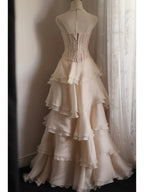 Sweet Pink A-Line Strapless Beaded Layered Chiffon Long Prom Dress Evening Dress